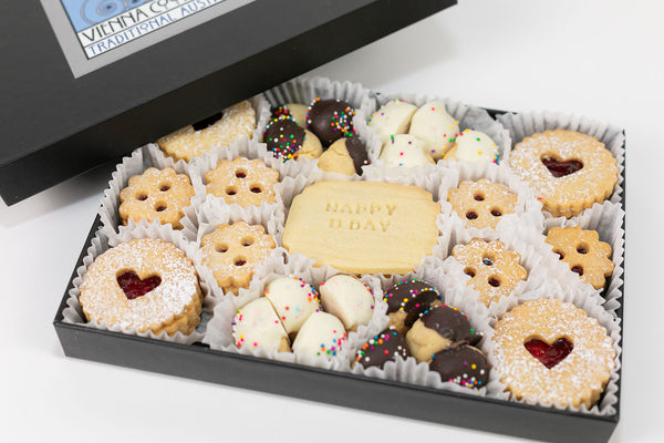 Birthday Cookies with Raspberry Linzer Hearts, sprinkled Vanilla Bites, Happy Birthday Butter Cookies