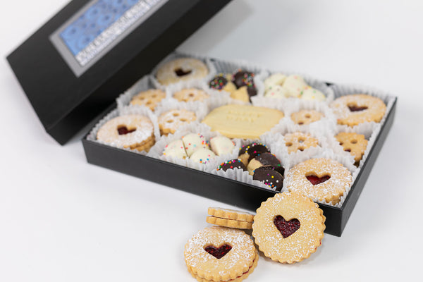 Birthday Cookies with Raspberry Linzer Hearts, sprinkled Vanilla Bites, Happy Birthday Butter Cookies