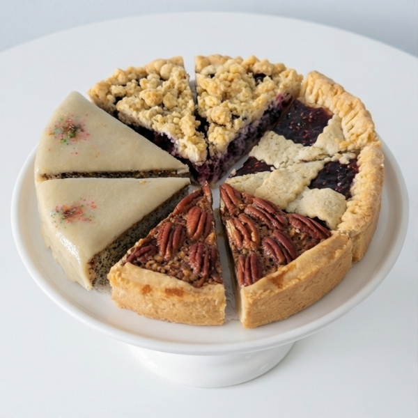 Assorted cake slices, poppy cake, crumb cake, Linzer tart and pecan pie,  on a white plate 