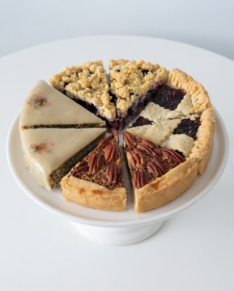 Assorted cake slices on a white plate with a light gray background