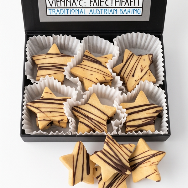 An open black gift box containing star-shaped Austrian shortbread cookies with chocolate drizzle, displayed on a white background with three cookies placed in front. 