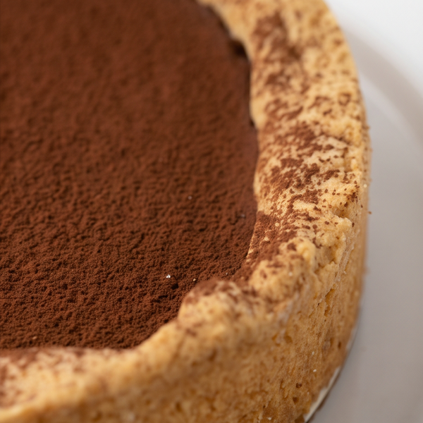 close up of chocolate tart with cocoa powder topping