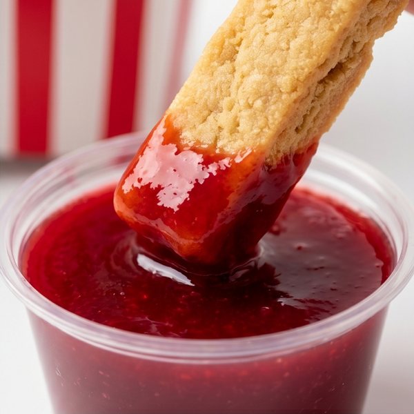 Dipped cookie stick in red raspberry jam 