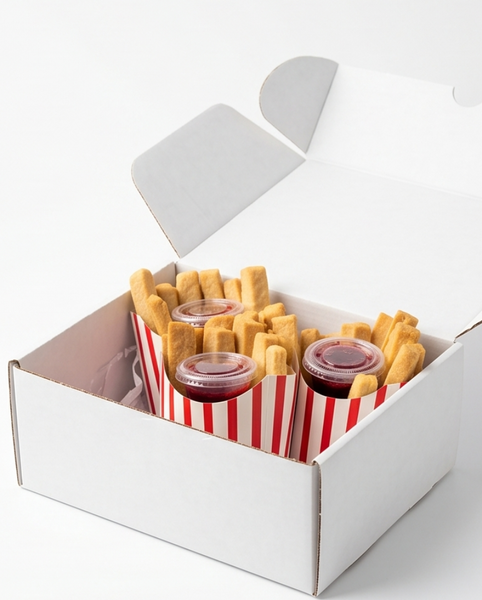 Box of cookie fries with three small jars of raspberry jam