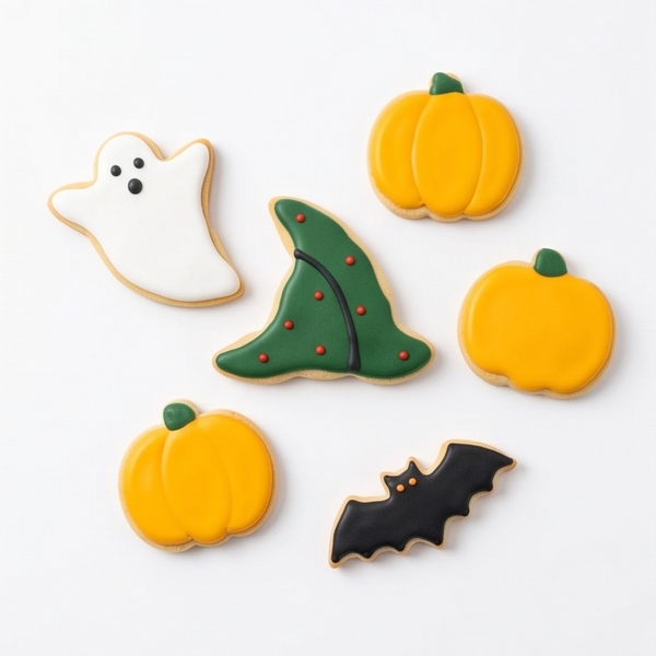 Six Halloween-themed sugar cookies decorated with icing on a clean white background. The cookies include yellow pumpkins, a white ghost, a green witch hat, and a black bat.