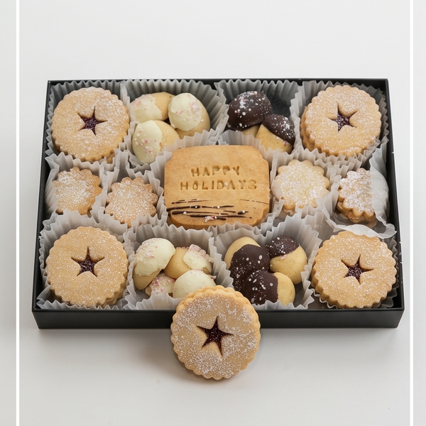 A gift box of assorted Christmas cookies and chocolates on a light gray background. The black tray holds multiple round lattice cookies with star cutouts, white chocolate-covered pieces, dark chocolate pieces, and a central biscuit stamped with 'HAPPY HOLIDAYS'.