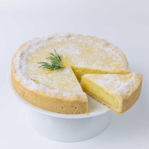 A lemon tart with a slice cut out and a piece pulled forward, sitting on a white pedestal plate. The tart is dusted with powdered sugar and garnished with a small green rosemary sprig, photographed against a clean white background.