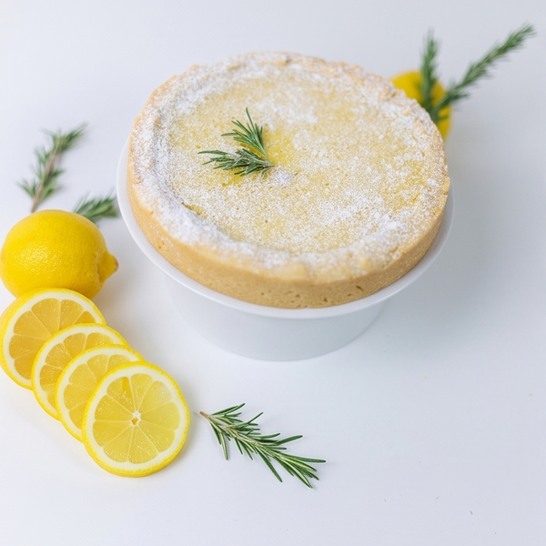 A lemon tart on a white pedestal plate, decorated with a dusting of powdered sugar and a small green rosemary sprig. Sliced lemons and additional rosemary sprigs are arranged on a clean white background.