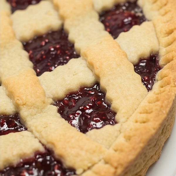 A close-up of a baked Linzer Tart with a lattice crust and raspberry filling, photographed on a white plate.