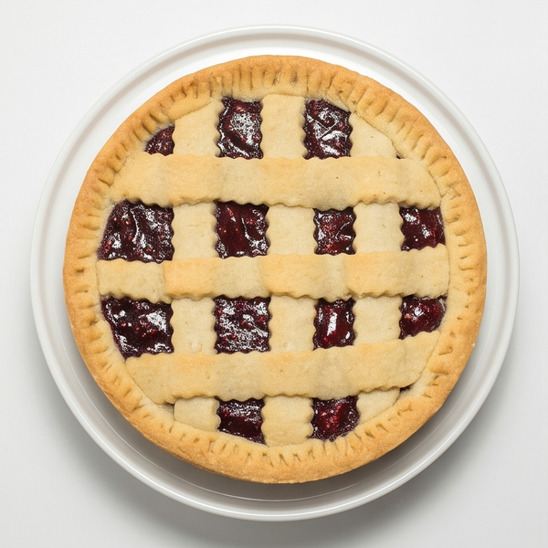 A top-down view of a freshly baked Linzer Torte with a lattice crust and dark red raspberry jam filling, served on a white ceramic plate against a clean white background.