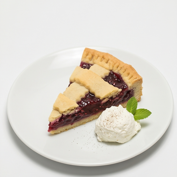 A slice of Linzer Tart Cake with a lattice top and flaky crust, served on a white plate with a scoop of vanilla ice cream and a mint leaf on a clean white background.