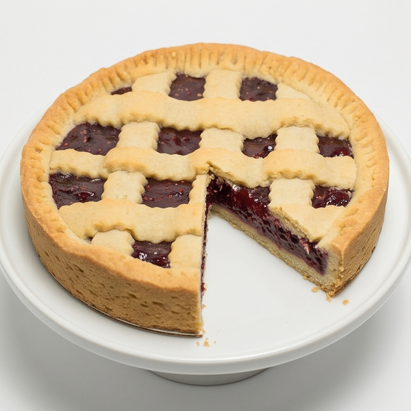 A lattice-topped Linzer Torte with raspberry filling sits on a white pedestal plate against a clean white background. One slice is cut from the right side.