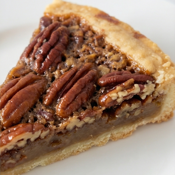 Slice of pecan pie on a white plate