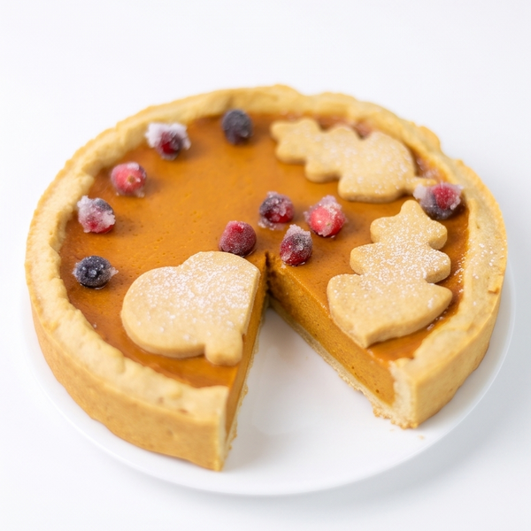 A pumpkin pie tart on a white plate, featuring a golden-brown crust, smooth orange filling, and decorative shortbread cookies shaped like pumpkins and leaves, topped with berries and powdered sugar. A slice is cut from the pie.