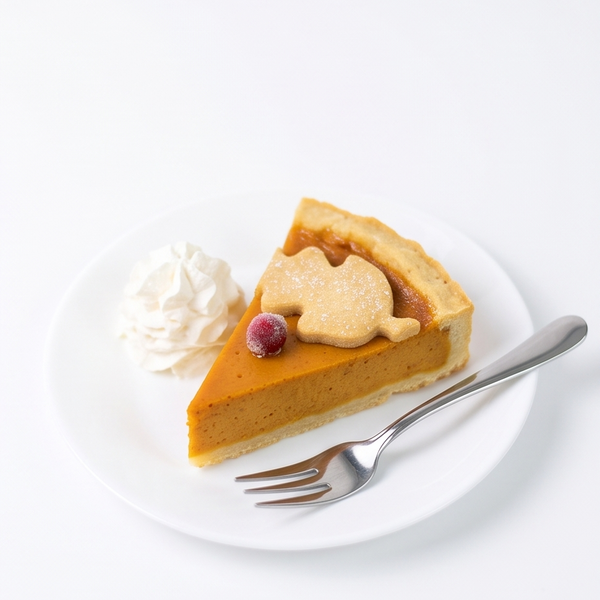 A slice of pumpkin pie on a white plate with a dollop of whipped cream and a small cranberry garnish, accompanied by a silver fork on a clean white background.