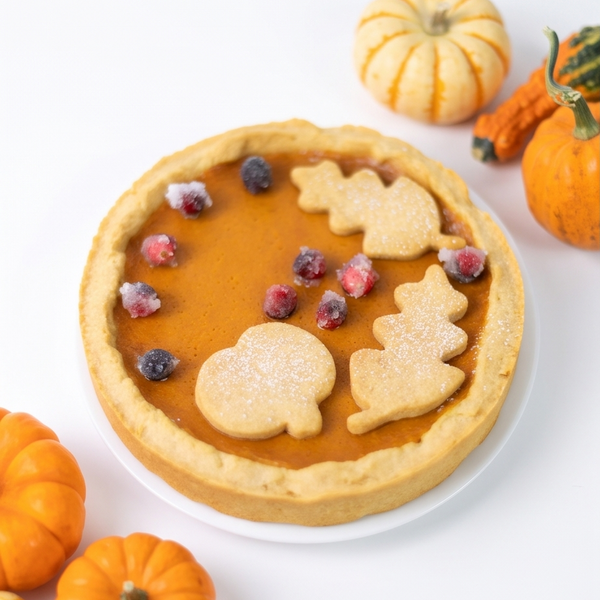 A pumpkin pie tart with a golden-brown crust, orange pumpkin filling, and cookie cutout toppings, served on a white plate with small decorative pumpkins around it on a white background.