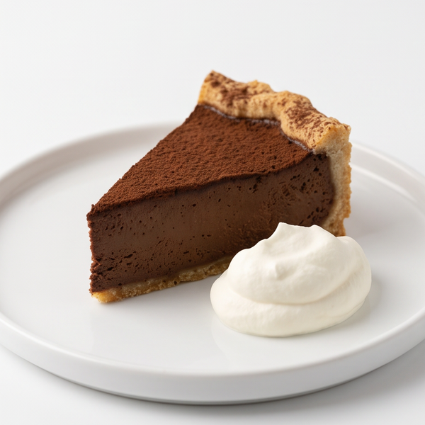slice of chocolate tart won white plate with scoop of whipped cream