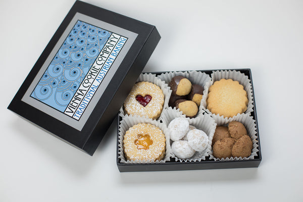 Viennese Cookie Box includes Linzer Cookies, Butter Cookies, Chocolate Cookies, Vanilla Bites
