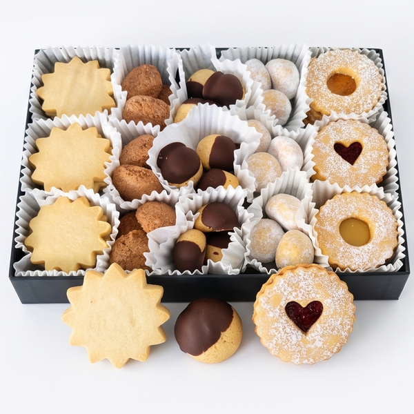 A black gift box filled with assorted cookies, with three pieces placed in front on a white background. 