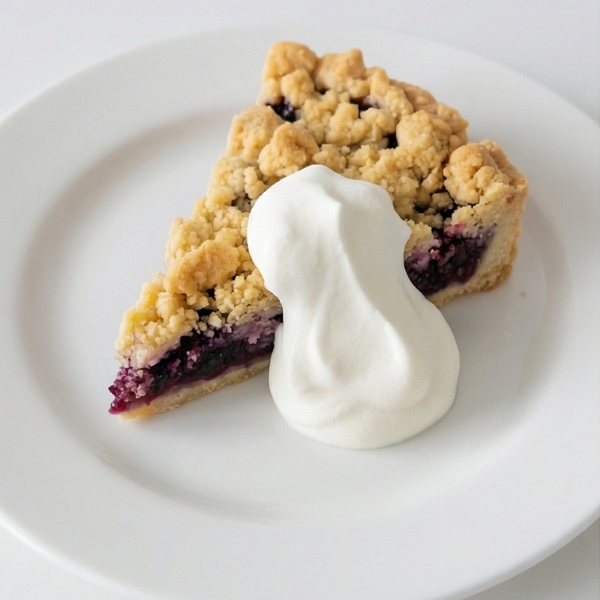 Slice of blueberry pie with a dollop of whipped cream on a white plate