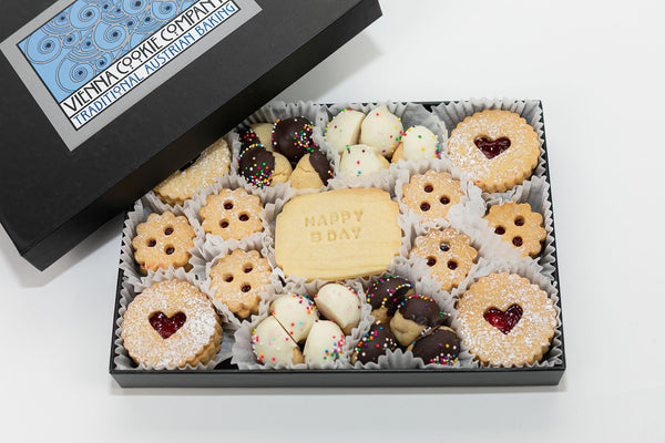 Birthday Cookies with Raspberry Linzer Hearts, sprinkled Vanilla Bites, Happy Birthday Butter Cookies