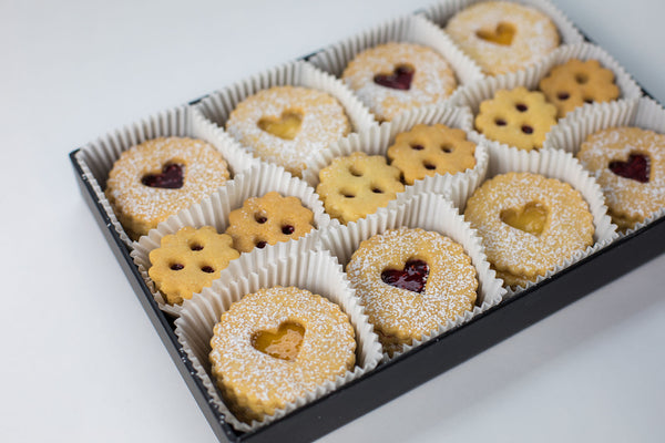 Linzer Cookie box with Raspberry, Apricot and Lemon Linzer Tart cookies