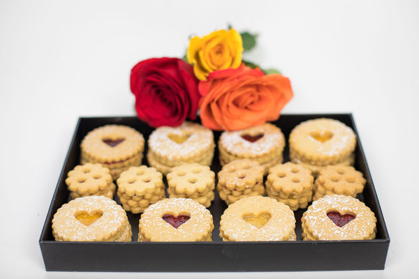 Linzer Cookie box with Raspberry, Apricot and Lemon Linzer Tart cookies