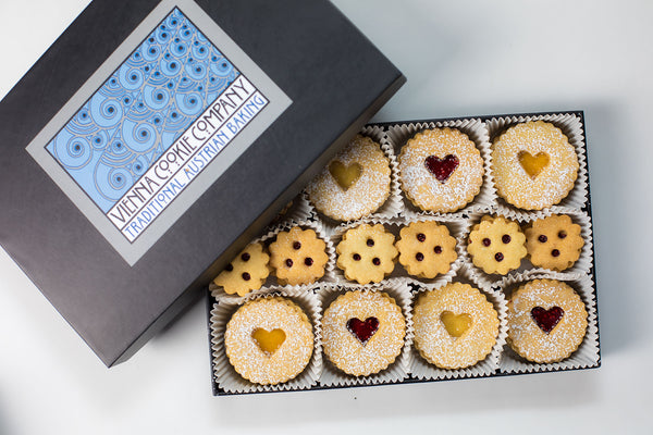 Linzer Cookie box with Raspberry, Apricot and Lemon Linzer Tart cookies